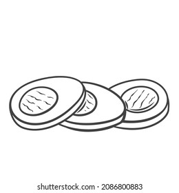 Boiled, half, sliced chicken eggs outline drawn vector illustration.