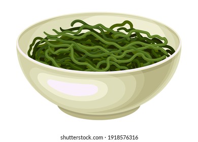 Boiled Hijiki Seaweed or Sargassum in Bowl as Sea Vegetable Vector Illustration