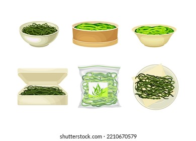 Boiled Hijiki Seaweed or Sargassum in Package and Bowl as Sea Vegetable Vector Set