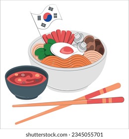 Boiled Korean food consisting of meat, mushrooms and vegetables. There are rice, dipping sauce and some pickled bean sprouts. Traditional Korean dish bibimbap rice with vegetables and beef. 2280