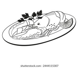 boiled  lobster on a plate with parsley and lemon