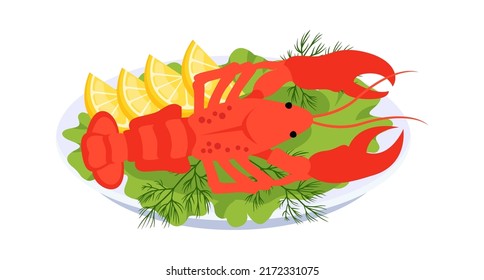 Boiled lobster on a platter. Vector illustration