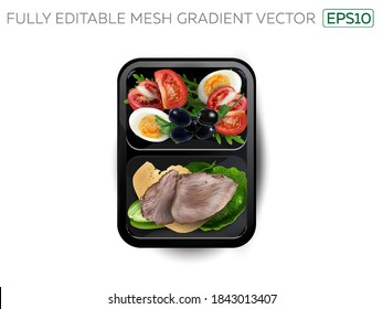 Boiled meat with egg, cheese and vegetables in a lunchbox.