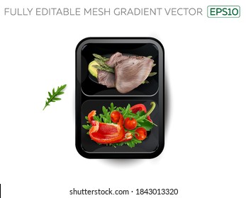 Boiled meat with vegetables and avocado in a lunchbox.