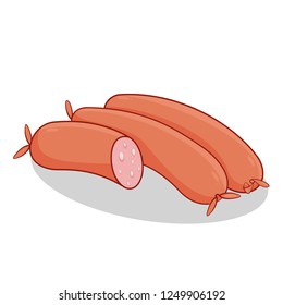 Boiled pork sausages. Delicious sliced sausage. Ingredient for meat restaurant. Vector sausage isolated on a white background.