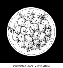 Boiled potatoes with dill on a plate sketch. Hand drawn vector illustration. Top view.