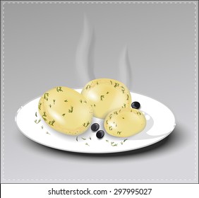 Boiled potatoes with dill on a white plate. Vector illustration.