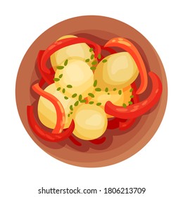 Boiled Potatoes with Sliced Pepper and Herbs as Spanish Cuisine Dish Served on Plate Vector Illustration