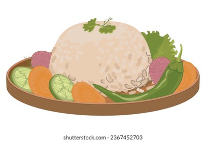 Arroz hervido y verduras en bandeja. Vector, de estilo plano. Un plato tradicional o principal en Asia y Japón. El arroz Basmati blanqueado de color blanco en un bol.