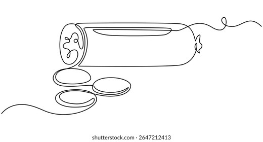 Boiled sausage continuous line drawing. One line art of meat products, sausage with fat, semi-finished product, Delicious salami one line continuous drawing. Semi-finished products Hand drawn one line