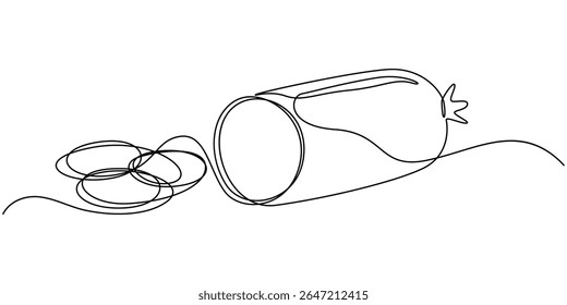 Boiled sausage continuous line drawing. One line art of meat products, sausage with fat, semi-finished product, Delicious salami one line continuous drawing. Semi-finished products Hand drawn one line