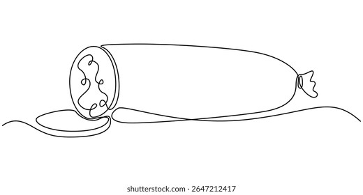 Boiled sausage continuous line drawing. One line art of meat products, sausage with fat, semi-finished product, Delicious salami one line continuous drawing. Semi-finished products Hand drawn one line