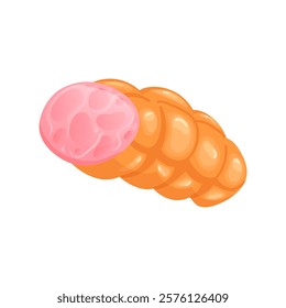 Boiled sausage in net in flat design. Deli ham or salami, butcher product. Vector illustration isolated.