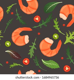 Boiled shrimp, chili pepper and arugula leaf mix on dark background. Tiger prawn. Vector illustration. Seamless pattern.