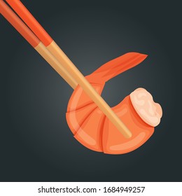 Boiled shrimp in chopsticks. Cooked tiger prawn. Shrimp isolated on dark background. Vector illustration.