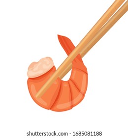 Boiled shrimp in chopsticks. Cooked tiger prawn. Shrimp isolated on white background. Vector illustration.