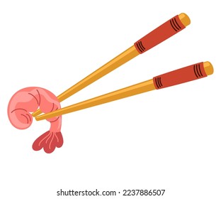 Boiled shrimp in chopsticks. Cooked tiger prawn. Asian Food. Perfect for restaurant cafe and print menus. Vector hand draw cartoon illustration. 

