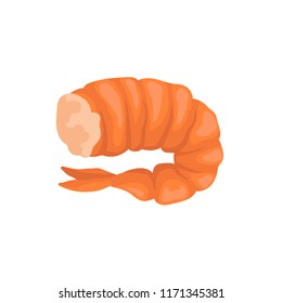 Boiled shrimp without head in bright red shell. Fresh and tasty prawn. Seafood theme. Flat vector icon