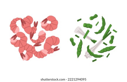 Boiled Shrimps, Onion Stalk and Green Pea Pods as Wok Asian Food Ingredient Vector Set