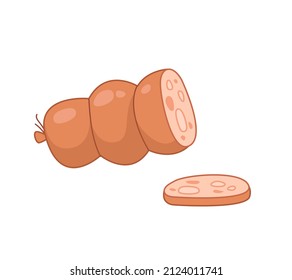 Boiled or smoked sausage cartoon icon in cartoon style. Cutting product from minced meat of pork, chicken, veal, soy, beef. Vector illustration. Sausage, mortadella cut into slices.