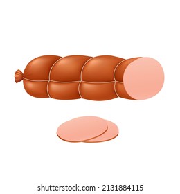 Boiled or smoked sausage cartoon icon in cartoon style. Cutting product from minced meat of pork, chicken, veal, soy, beef. Vector illustration. Sausage, mortadella cut into slices.