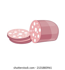 Boiled or smoked sausage. Vector illustration. Sausage, mortadella cut into slices.