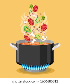 Boiled soup recipe image. Cutting vegetables ingredients flying over pan, healthy food cooking concept with boiling water in saucepan and tomatoes and mushrooms, vector illustration