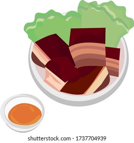 Boiled streaky pork, soy sauce and dipping sauce and lettuce