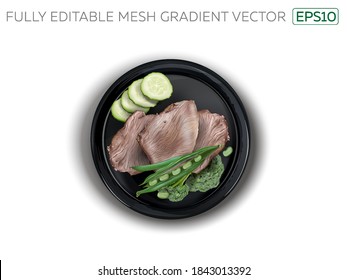 Boiled turkey meat with broccoli on a black plate.