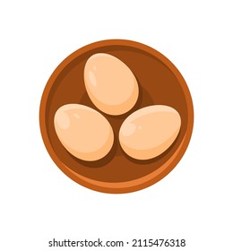 Boiled or uncooked eggs in shell at bowl top view vector flat illustration. Cooked protein organic food hen natural farm product isolated. Fragile nourishment edible ingredient for cooking omelet