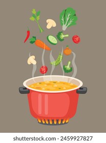 Boiled vegetables soup in pot on the stove as cooking concept