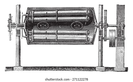 Cuerpo de la caldera - Tubos de calefacción, tubos de llegada de vapor y lavandería, tubos de distribución de vapor, ilustración vintage grabada. Enciclopedia industrial E.-O. Lami - 1875.  