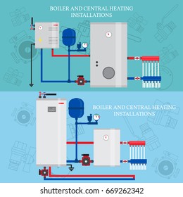 Boiler and central heating installations, flat heating concept, banner, logo. For web design and application interface. Vector illustration.