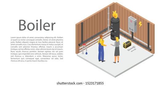 Boiler concept banner. Isometric illustration of boiler vector concept banner for web design