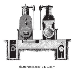 Boiler fireplace and removable tube bundle Farcot system, cross section, vintage engraved illustration. Industrial encyclopedia E.-O. Lami - 1875.
