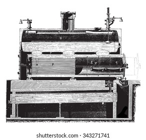 Boiler fireplace and removable tube bundle, ripping, vintage engraved illustration. Industrial encyclopedia E.-O. Lami - 1875.
