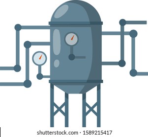 Boiler for heating water. Grey tank with pipes and dial. Sanitary engineering. Cartoon flat illustration. Element of house, bath and toilet system