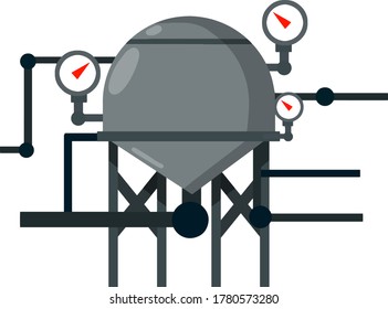 Boiler for heating water. Sanitary engineering. Cartoon flat illustration. Element of house, bath and toilet system. Grey tank with pipes and dial