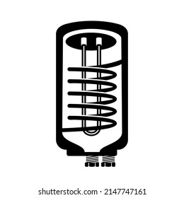 Boiler for heating water. Spiral heating element inside the cylinder. Home appliances simple style black detailed logo icon vector illustration isolated.