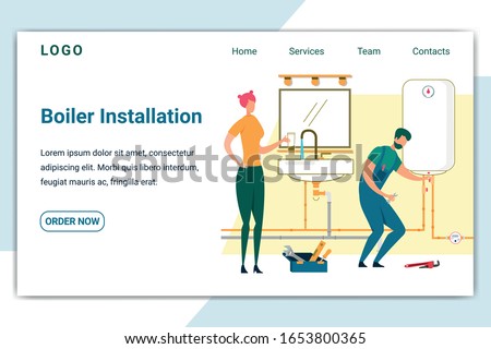 Boiler Horizontal Banner. Plumber Setup Water Heater in Bathroom. Woman Housewife Watching Working Process. Professional Handymen Help, Husband for and Hour Service Cartoon Flat Vector Illustration.