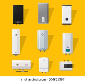 Boiler icons set in detailed flat style. Modern and classic, slim and designer boilers. Efficient house concept.