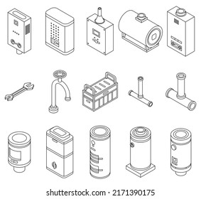 Boiler icons set. Isometric set of boiler vector icons outline isolated on white background