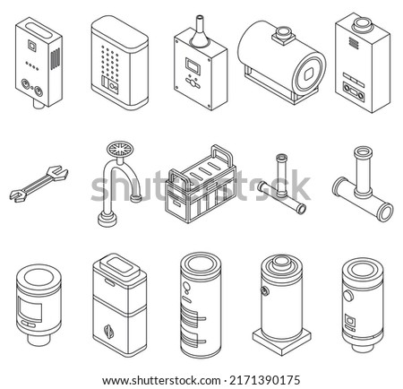 Boiler icons set. Isometric set of boiler vector icons outline isolated on white background