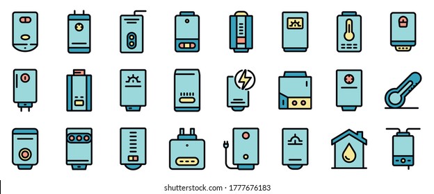 Boiler icons set. Outline set of boiler vector icons thin line color flat on white