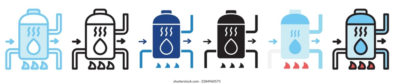 Boiler multi-style icon, outline, flat, glyph, dual tone, line color, UI, UX kit, app and web development, digital or print. For industry, education, ecology, environment, water treatment theme.