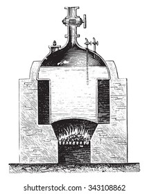 Boiler Newcomen, vintage engraved illustration. Industrial encyclopedia E.-O. Lami - 1875.
