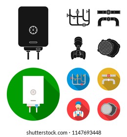 Boiler, plumber, ventils and pipes.Plumbing set collection icons in black, flat style vector symbol stock illustration web.