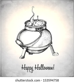 Boiler with potion in a sketch style. Hand-drawn card for Halloween. Vector illustration.