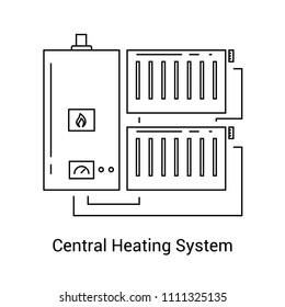 The boiler and the radiators connected through the pipes. Vector icon in a line.