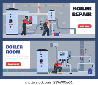 Boiler repair landing pages set. Technical workers service boiler room and adjust heating equipment. Vector illustration with text space design for banners.